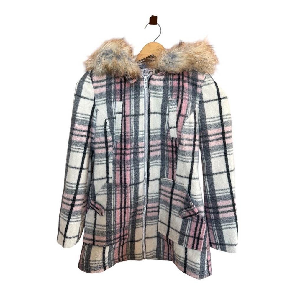 CoffeeShop Pink and Gray Plaid Kids Pea Coat with Faux Fur Hood